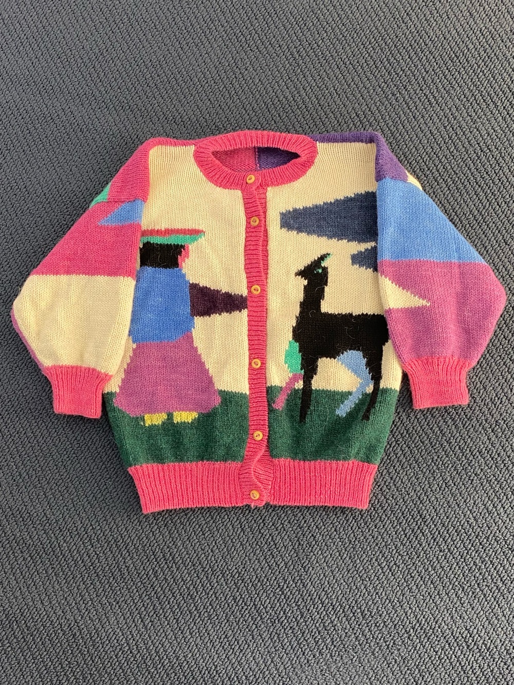 Vintage Andean Llama Art Cottage Core Cardigan Knit Sweater